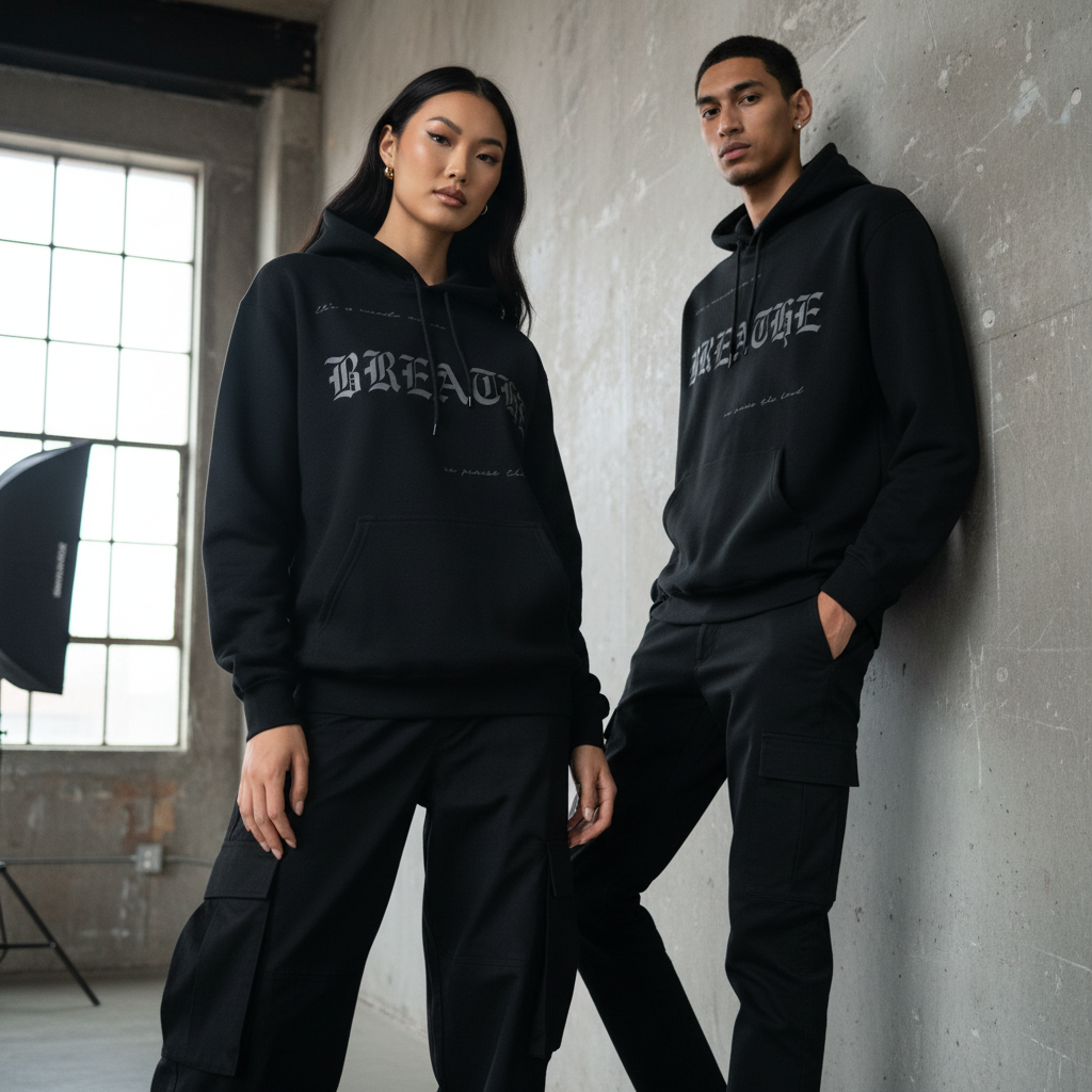 Models with woman in baggy pants wearing Breathe hoodie