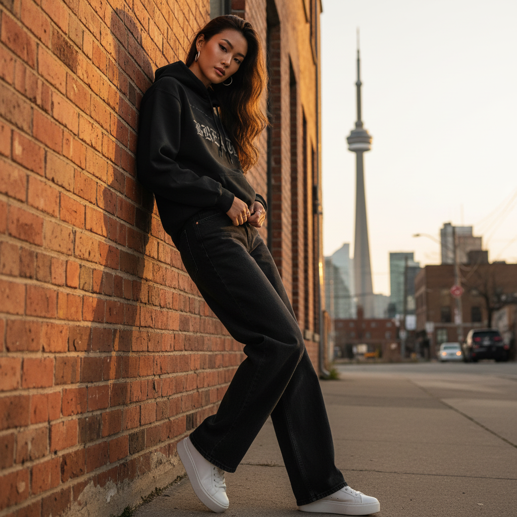 Tall long-legged model wearing BREATHE hoodie with baggy pants in Toronto